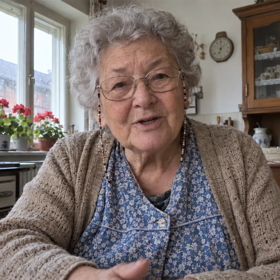 Oma Hildegard in ihrer Küche, mit Brille, Strickjacke und blauer Kittelschürze